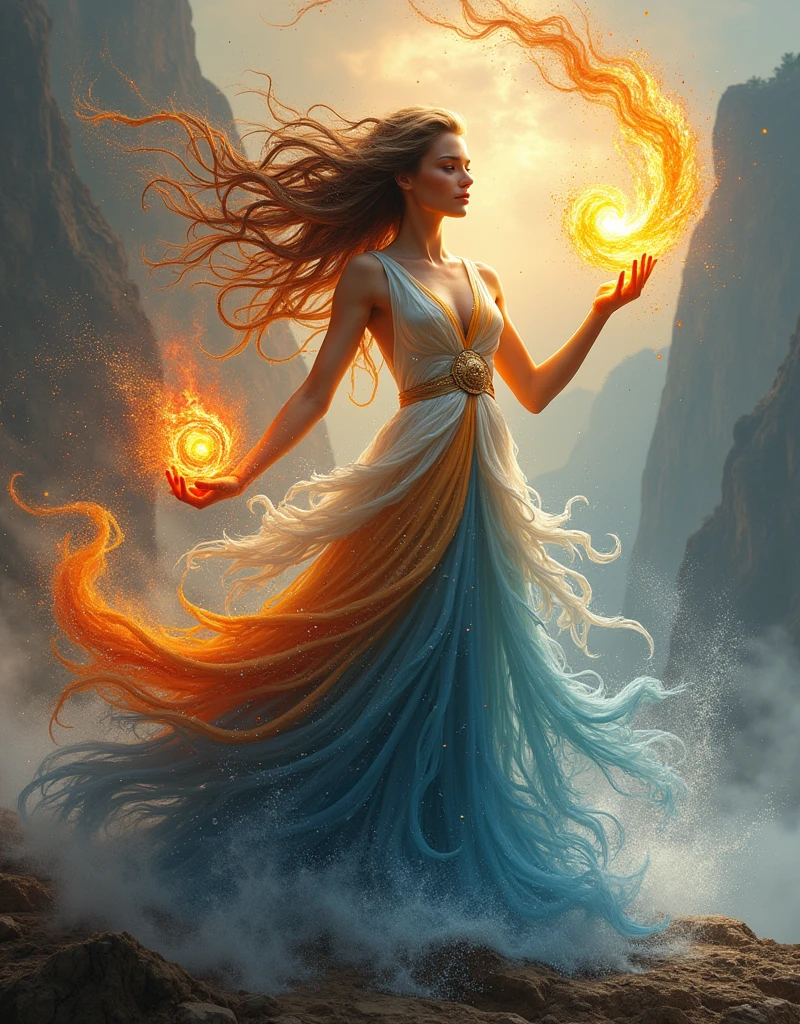 (Goddess of Fire, Water, Earth, and Air Fusion:1.4), (masterpiece:1.4, best quality), (photo realistic:1.4), a majestic and elemental figure embodying the balance and power of all four natural elements, dressed in a flowing gown that seamlessly blends fiery embers, cascading water, rich soil, and swirling winds, adorned with glowing embers, shimmering droplets, earthy vines, and delicate feathers, (hair flowing like flames mixed with waterfalls, gusts of wind, and intertwined roots:1.2), (eyes radiating a powerful and balanced light, reflecting the strength of all four elements:1.2), one hand holding a flaming orb, the other hand conjuring a swirling vortex of water, earth, and air, surrounded by a dynamic aura of elemental energy with sparks of fire, droplets of water, swirling dust, and soft breezes, (background of a landscape where mountains, oceans, forests, and skies converge, creating a scene that embodies the harmony and chaos of nature’s forces:1.2), (lighting that highlights the vibrant and contrasting colors of fire, water, earth, and air:1.2), (dynamic and balanced pose that conveys her mastery over all four elements:1.2), rich textures, vibrant and contrasting colors, (fiery reds:1.2), (deep blues:1.2), (earthy browns:1.2), (soft whites and grays:1.2), (dynamic composition with flowing lines and a sense of unity and power:1.2), high-quality and detailed, (awe-inspiring and elemental atmosphere:1.2), captivating and powerful, perfect image quality, symbolizing the fusion and balance of fire, water, earth, and air, majestic and serene presence