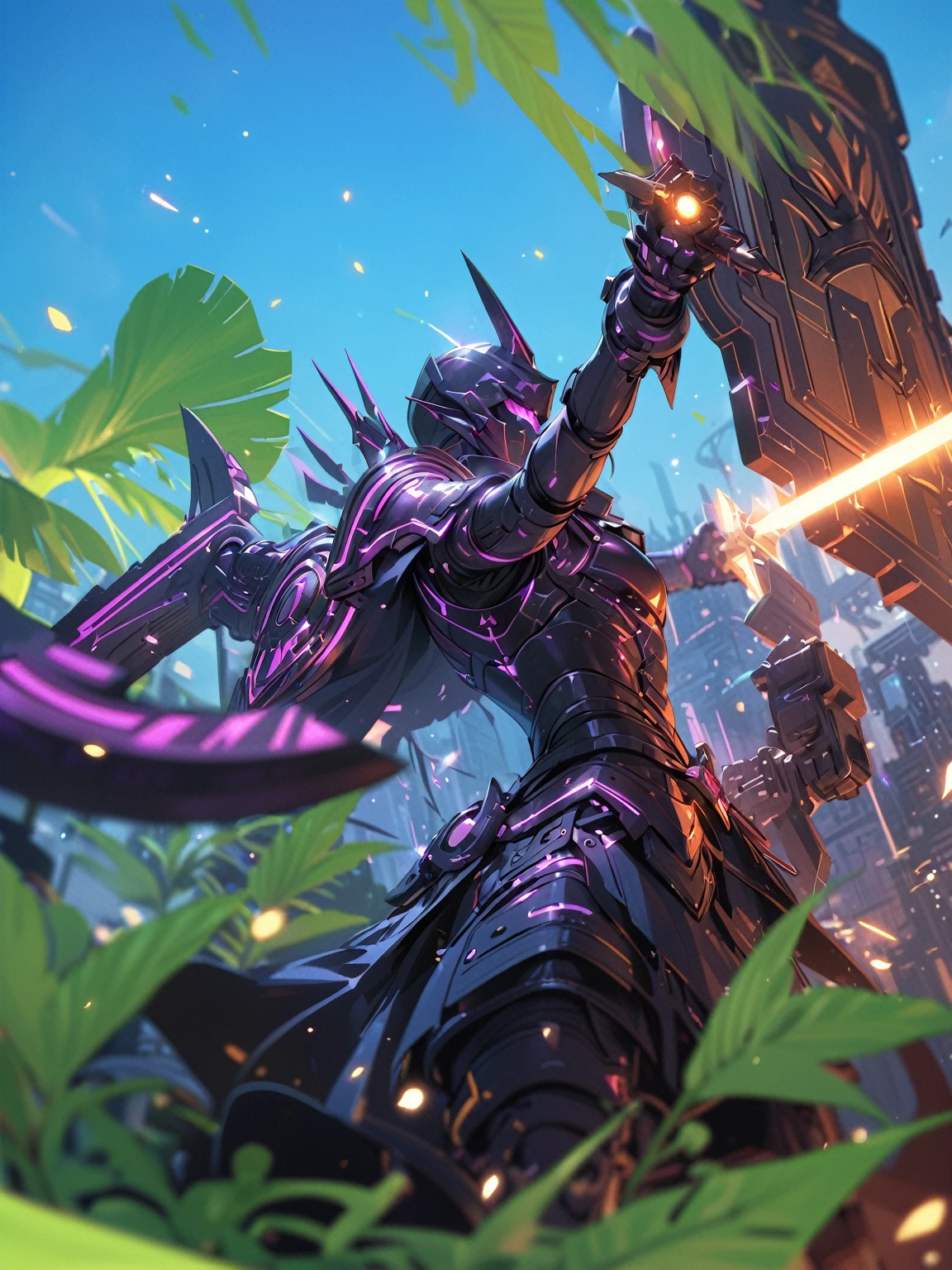 ((best quality)) , ((masterpiece)) , (detailed),A close-up of a cartoon character holding a sword and shield.