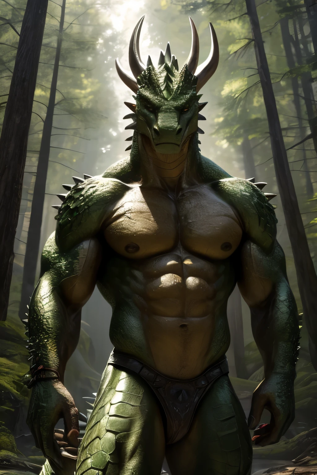 A very muscular, anteopomorphic male troglodita with four arms (two pairs), a long muscular neck, four twisted horns pointing forward on the head, two syrups, a row of spines on the column going up to near the tip of the tails, with a ball of spikes at the end of the tails, dark green scales with light brown spots similar to ceca leaves on the back, light green scales the color of moss on the side of the body and under the arms and legs, yellow scales the color of wood on the chest and belly, standing in a clearing in the middle of the forest, looking at the viewer with a serious face, (best quality,4k,8k,highres,masterpiece:1.2),ultra-detailed,(realistic,photorealistic,photo-realistic:1.37),extremely detailed eyes and face,longeyelashes,extremely detailed muscles,extremely detailed scales,detailed forest background,dramatic lighting,cinematic composition