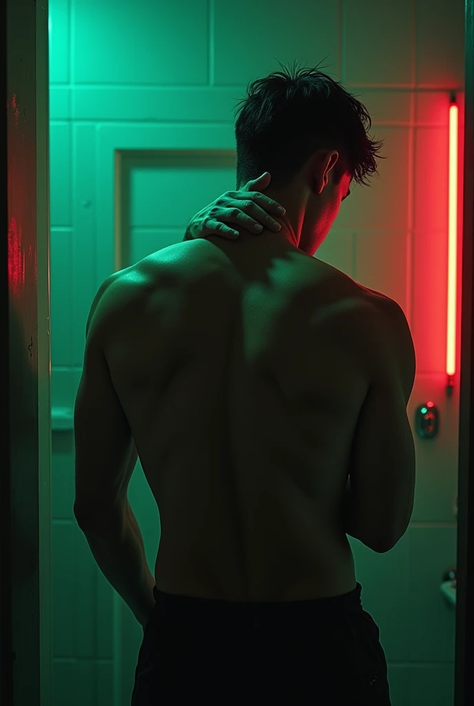 In the image, we see a strong, masculine hand gripping the neck of a muscular Asian boy from behind and pressing him against a bathroom wall illuminated by neon green and red lights and dark. We just see hand and neck. Not person! 