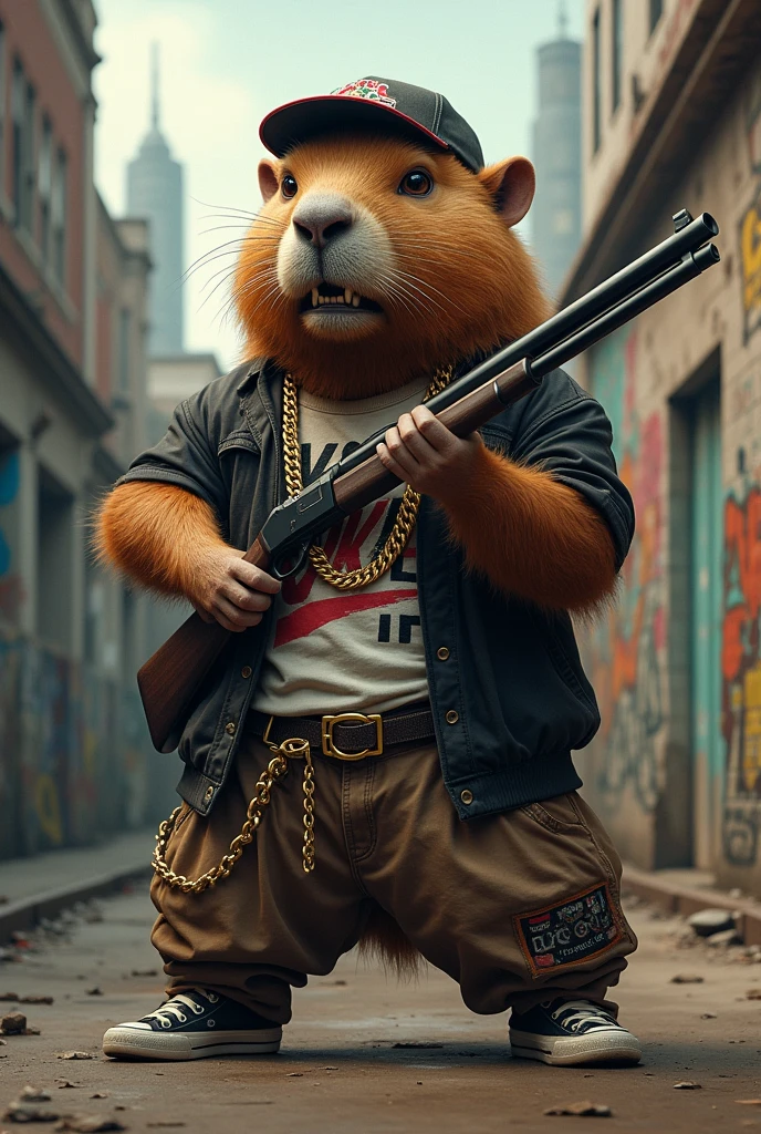 Capybara with a shotgun and hip hop clothes
