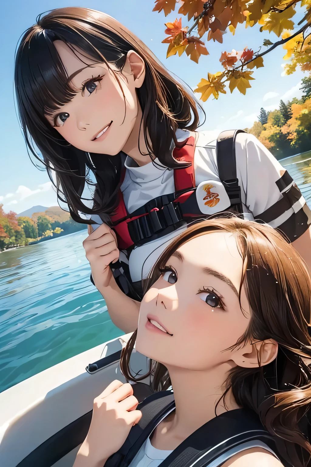 Highest quality、High resolution、Detailed Background、(Beautiful face in every detail:1.4)、Anatomically correct、(Normal number of fingers:1.2)、Highly detailed face、(Detailed eyes:1.2)、 beauty、Huge breasts、Perfect body line、Braided bob cut、ponytail、Wavy Hairstyle、well-groomed eyebrows、A fun atmosphere、In a joking manner、A big smile、cute gesture、Accentuate your breasts、

A clear autumn day、It's a refreshing day with a cool breeze blowing over the lake、 
Two girls are getting into the kayak with bright expressions、 
They wear alternate-colored life jackets and row out onto the lake、 
The girls are absorbed in steering the kayak、
sometimes、They are moving forward briskly, splashing water、
When they reach the center of the lake, they chat happily while looking at the surrounding scenery、
Autumn colored trees々Both are interested in the sky reflected in the water々It looks like this、
Taking a break、They are spending a leisurely time、
They stop the kayak, dip their hands in the water, and cheer, conveying the feeling of refreshing themselves in nature.、
The girls' joyful expressions and the calm scene of the lake overlap、A comfortable autumn moment、cute
