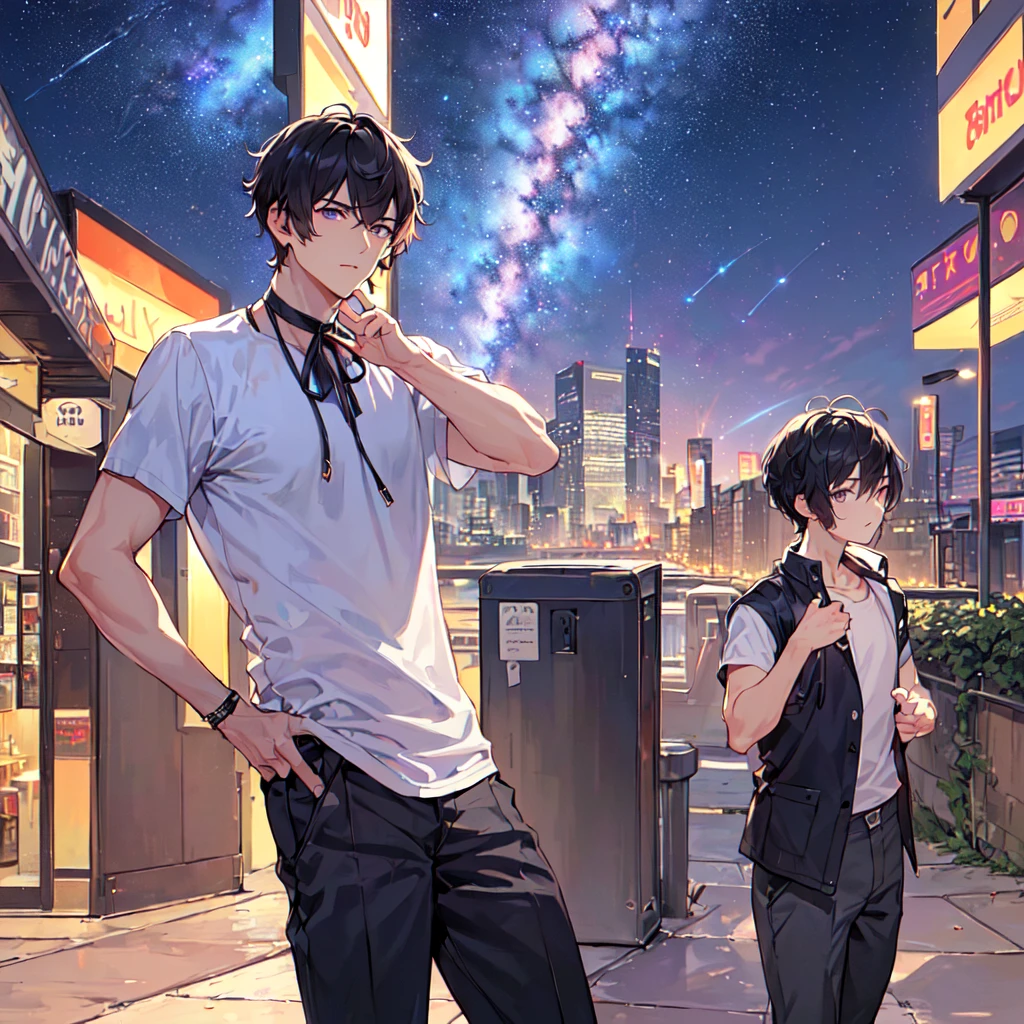 masterpiece,best quality,high quality,(1 male austere handsome solo adult age 30 years old:1.5), purple eyes, cool with suspended eyes, V-shaped eyebrows, body strong and fearless 8.5 head tall, height 185cm, (well-groomed black short hair down to neck:1.4), (bangs 7 thirds parted:1.4), slender nose, facial muscles, throat, (summer short sleeve casual fashion and pants:1.3), (meeting someone:1.3), (stylish pose), (cool expression:1.3), (background city:1.3), (Milky Way Night Sky: 1.3)