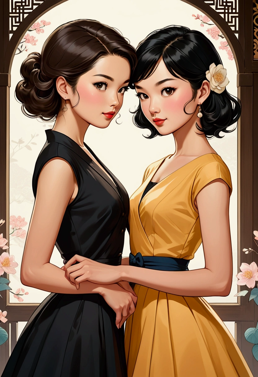 Two beautiful Sarah Kay style women very much in love, in a tender attitude towards each other, one British, with semi-short light brown hair and the other Asian, with long black hair, both dressed in an elegant 50's style