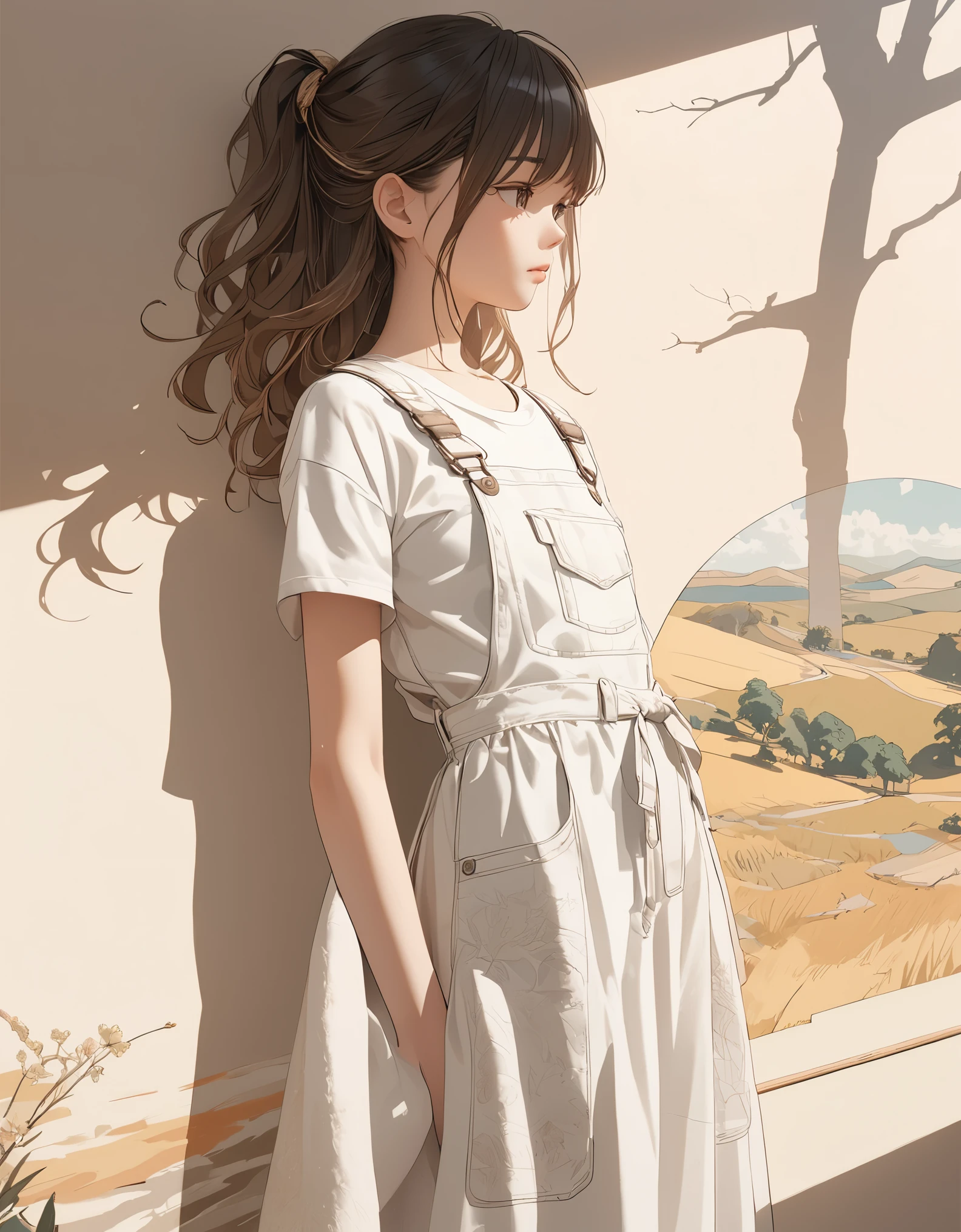 ((Masterpiece)), ((best quality)), (super detail:1.2), (High Definition:1.3), ((extremely detailed)), (8K), (Professional Photography:1.2), (very aesthetic:1.2), (absurdres:1.2), (flat color), (flat shading), (sharp focus), (perfect light), (drop shadow), ((1girl)), A young girl standing in front of a large white wall, adorned with a faded painting of a distant, (childhood landscape), The girl looks wistfully at the painting, as if lost in memories of a simpler time, The sun is setting, casting a golden hue over the scene, while a dry breeze gently stirs their hair, The atmosphere is both melancholic and serene, evoking a sense of longing for the past and the passage of time, In the background, the world seems to blur and fade, as if it's on the edge of a dream, The overall color palette is soft and warm, with hints of nostalgia and a touch of sadness, (detailed background:1.2), (newest), clear line,