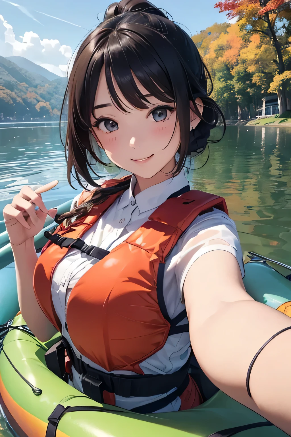 Highest quality、High resolution、Detailed Background、(Beautiful face in every detail:1.4)、Anatomically correct、(Normal number of fingers:1.2)、Highly detailed face、(Detailed eyes:1.2)、 beauty、Huge breasts、Perfect body line、Braided bob cut、ponytail、Wavy Hairstyle、well-groomed eyebrows、A fun atmosphere、In a joking manner、A big smile、cute gesture、Accentuate your breasts、
A clear autumn day、It's a refreshing day with a cool breeze blowing over the lake、
Two girls are getting into the kayak with bright expressions、
They wear alternate-colored life jackets and row out onto the lake、
The girls are absorbed in steering the kayak、
sometimes、They are moving forward briskly, splashing water、
When they reach the center of the lake, they chat happily while looking at the surrounding scenery、
Autumn colored trees々Both are interested in the sky reflected in the water々It looks like this、
Taking a break、They are spending a leisurely time、
They stop the kayak, dip their hands in the water, and cheer, conveying the feeling of refreshing themselves in nature.、
The girls' joyful expressions and the calm scene of the lake overlap、A comfortable autumn moment、cute