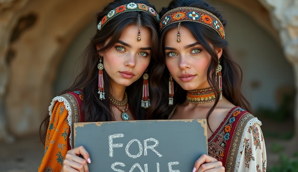 two young gypsy women dressed in typical clothing, one of the women holds a gray sign saying: for sale, ultra-realistic photo, one of the women has green eyes