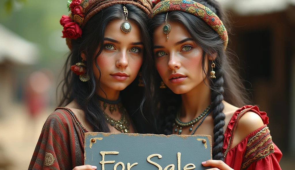 two young gypsy women dressed in typical clothing, one of the women holds a gray sign saying: for sale, ultra-realistic photo, one of the women has green eyes