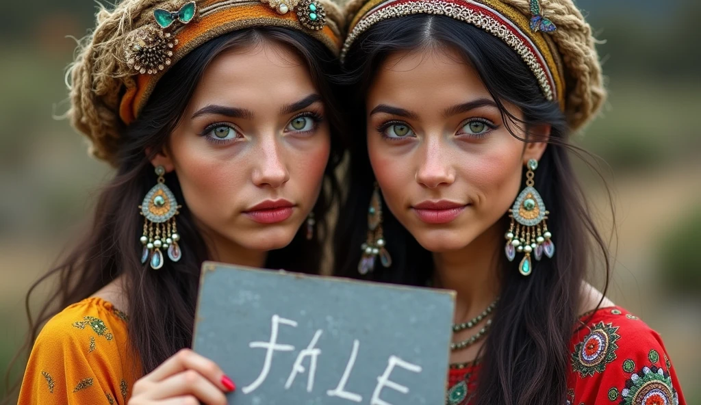 two young gypsy women dressed in typical clothing, one of the women holds a gray sign saying: for sale, ultra-realistic photo, one of the women has green eyes