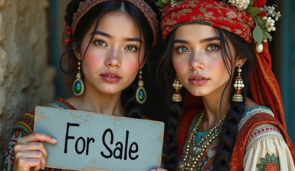 two young gypsy women dressed in typical clothing, one of the women holds a gray sign saying: for sale, ultra-realistic photo, one of the women has green eyes