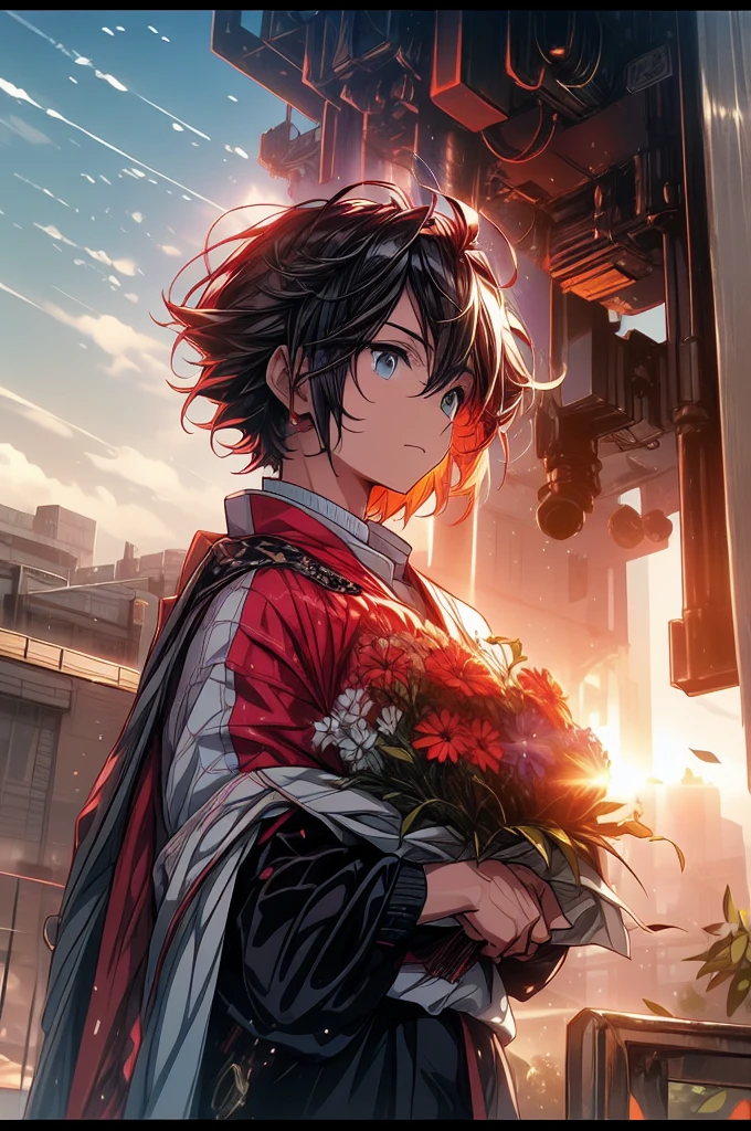 Amidst the heart of a anime, futuristic metropolis, a powerful Indian man, draped in the vibrant tricolor, marches confidently. Anime, comic book influenced aesthetic brings realism "and action, as thunderous explosions echo in the distance. In the background, an ancient Indian monument emerges through the city smog, surrounded by anthropomorphic creatures patriotically donning the Indian flag uniform, ready to secure their homes."