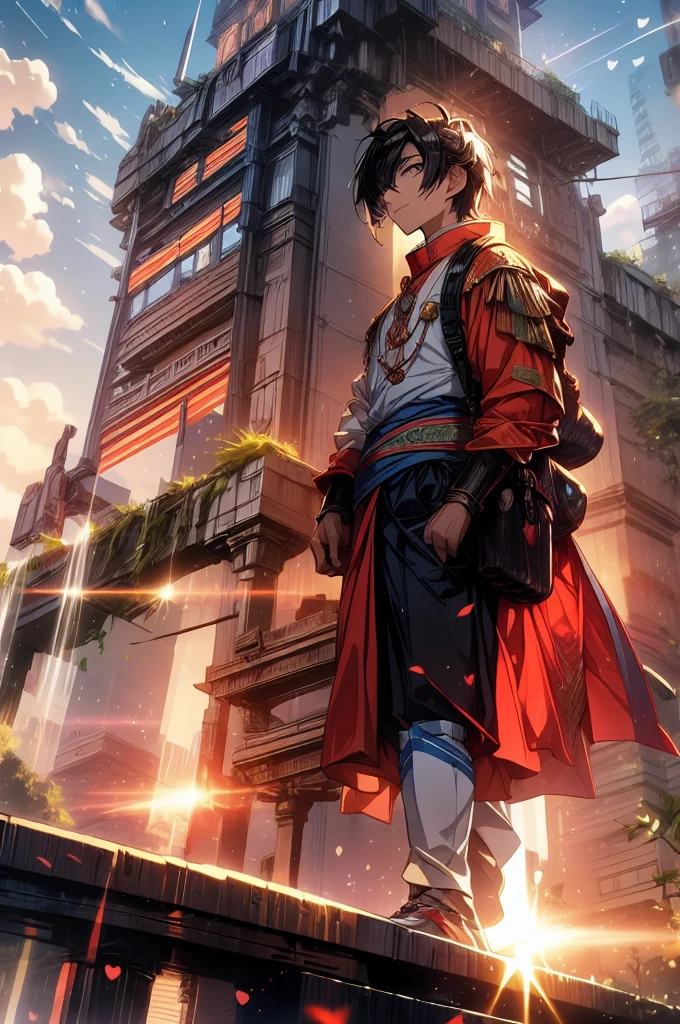 Amidst the heart of a anime, futuristic metropolis, a powerful Indian man, draped in the vibrant tricolor, marches confidently. Anime, comic book influenced aesthetic brings realism "and action, as thunderous explosions echo in the distance. In the background, an ancient Indian monument emerges through the city smog, surrounded by anthropomorphic creatures patriotically donning the Indian flag uniform, ready to secure their homes."