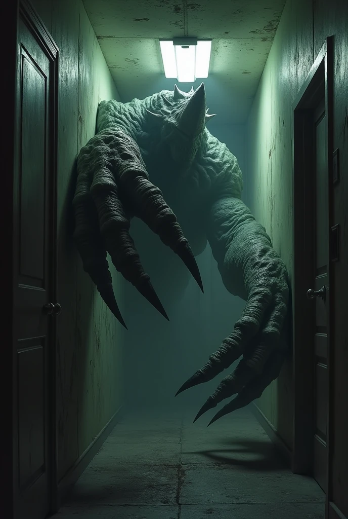 araffes in a dark room with a man standing in front of a door, white ghosthulk, highly detailed surreal vfx, cgi clay sculpture, cgi art, still from stranger things movie, fantasy and cosmic horror movie, ??? playing with slime monster, still from stranger things, still frame from a movie, still from a music video, cgi special effects --auto --s2