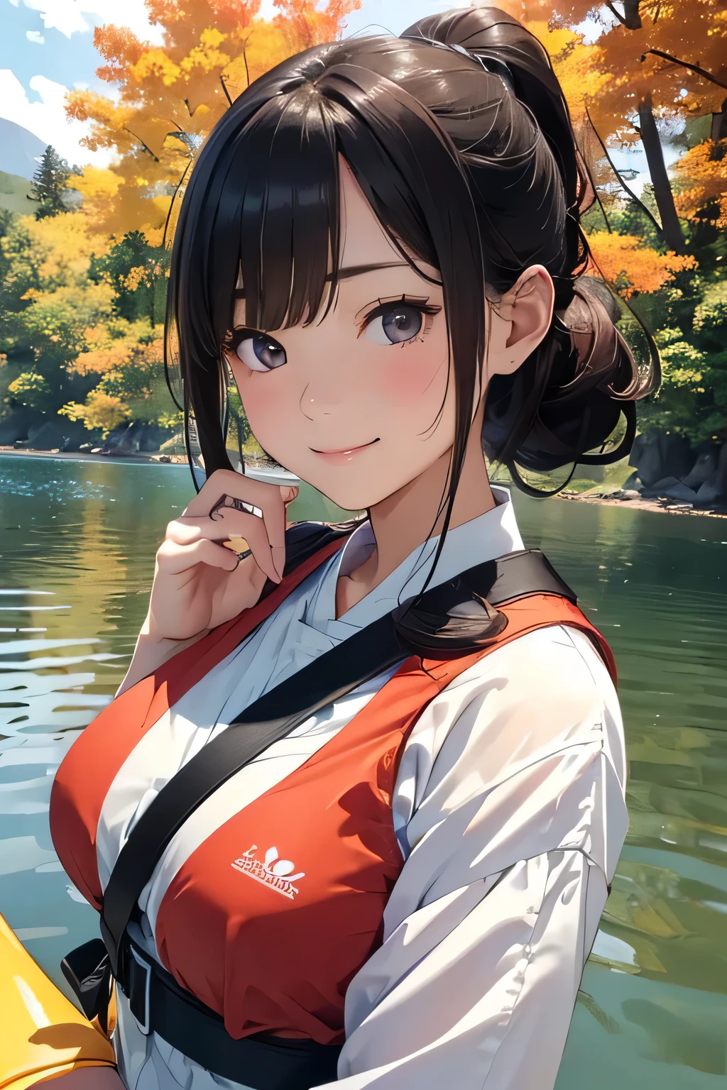 Highest quality、High resolution、Detailed Background、(Beautiful face in every detail:1.4)、Anatomically correct、(Normal number of fingers:1.2)、Highly detailed face、(Detailed eyes:1.2)、Teenage beauty、Huge breasts、Perfect body line、Braided bob cut、ponytail、Wavy Hairstyle、well-groomed eyebrows、A fun atmosphere、In a joking manner、A big smile、cute gesture、Accentuate your breasts、

A clear autumn day、It's a refreshing day with a cool breeze blowing over the lake、 
Two girls are getting into the kayak with bright expressions、 
They wear alternate-colored life jackets and row out onto the lake、 
The girls are absorbed in steering the kayak、
sometimes、They are moving forward briskly, splashing water、
When they reach the center of the lake, they chat happily while looking at the surrounding scenery、
Autumn colored trees々Both are interested in the sky reflected in the water々It looks like this、
Taking a break、They are spending a leisurely time、
They stop the kayak, dip their hands in the water, and cheer, conveying the feeling of refreshing themselves in nature.、
The girls' joyful expressions and the calm scene of the lake overlap、A comfortable autumn moment、cute
