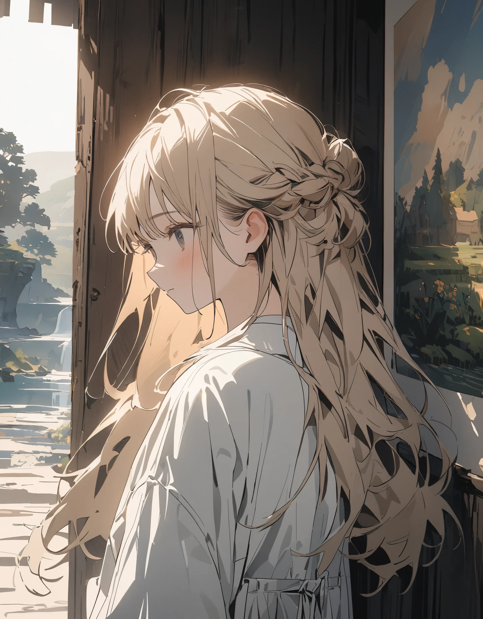 ((Masterpiece)), ((best quality)), (super detail:1.2), (High Definition:1.3), ((extremely detailed)), (8K), (Professional Photography:1.2), (very aesthetic:1.2), (absurdres:1.2), (flat color), (flat shading), (sharp focus), (perfect light), (drop shadow), ((1girl)), A young girl standing in front of a large white wall, adorned with a faded painting of a distant, (childhood landscape), The girl looks wistfully at the painting, as if lost in memories of a simpler time, The sun is setting, casting a golden hue over the scene, while a dry breeze gently stirs their hair, The atmosphere is both melancholic and serene, evoking a sense of longing for the past and the passage of time, In the background, the world seems to blur and fade, as if it's on the edge of a dream, The overall color palette is soft and warm, with hints of nostalgia and a touch of sadness, (detailed background:1.2), (newest), clear line,