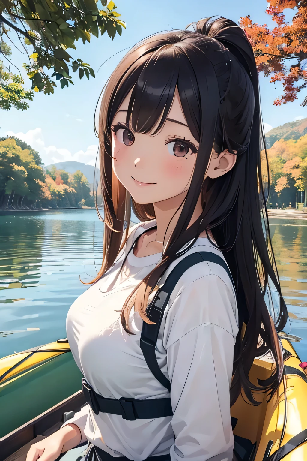Highest quality、High resolution、Detailed Background、(Beautiful face in every detail:1.4)、Anatomically correct、(Normal number of fingers:1.2)、Highly detailed face、(Detailed eyes:1.2)、Teenage beauty、Huge breasts、Perfect body line、Braided bob cut、ponytail、Wavy Hairstyle、well-groomed eyebrows、A fun atmosphere、In a joking manner、A big smile、cute gesture、Accentuate your breasts、
A clear autumn day、It's a refreshing day with a cool breeze blowing over the lake、
Two girls are getting into the kayak with bright expressions、
They wear alternate-colored life jackets and row out onto the lake、
The girls are absorbed in steering the kayak、
sometimes、They are moving forward briskly, splashing water、
When they reach the center of the lake, they chat happily while looking at the surrounding scenery、
Autumn colored trees々Both are interested in the sky reflected in the water々It looks like this、
Taking a break、They are spending a leisurely time、
They stop the kayak, dip their hands in the water, and cheer, conveying the feeling of refreshing themselves in nature.、
The girls' joyful expressions and the calm scene of the lake overlap、A comfortable autumn moment、cute
