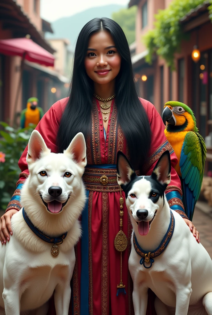 Peruvian woman with straight black hair, 1 white bull terrier, 1 white bull terrier con negro y 1 loro.