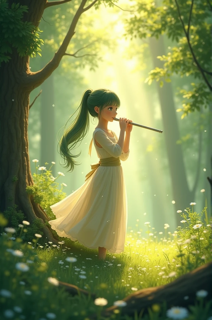 Adilescent3, a flute player with green eyes in the forest , wearing serene and well-behaved clothes, flute sounds, nature full of light, radiant beauty, universal comedy 