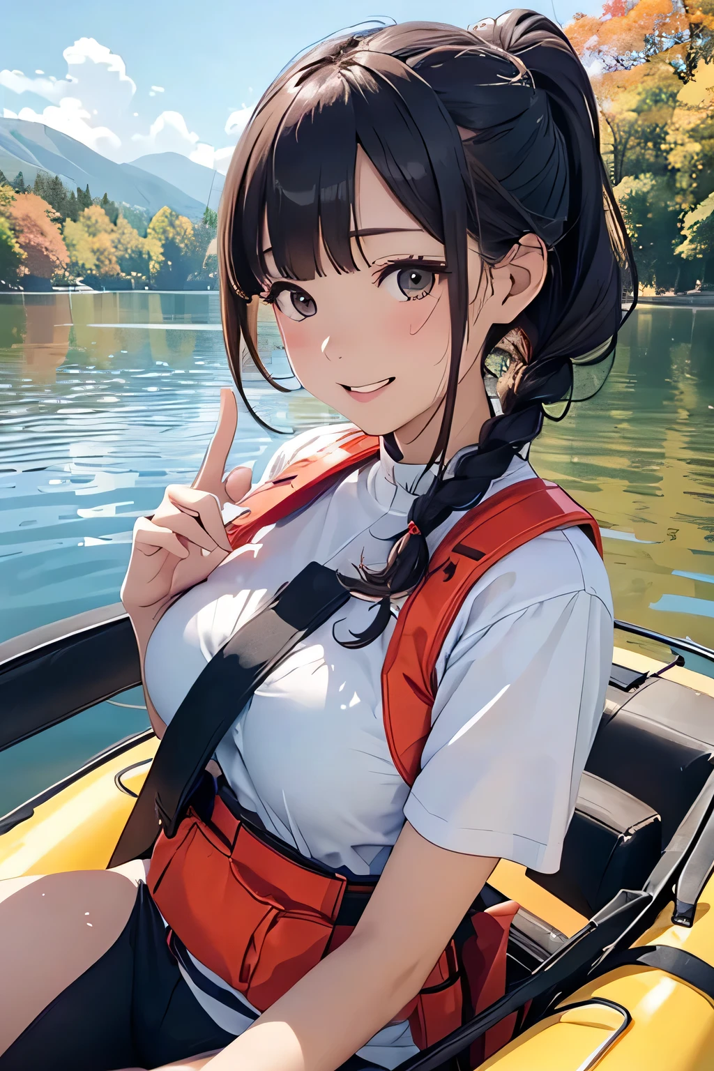 Highest quality、High resolution、Detailed Background、(Beautiful face in every detail:1.4)、Anatomically correct、(Normal number of fingers:1.2)、Highly detailed face、(Detailed eyes:1.2)、age beauty、Huge breasts、Perfect body line、Braided bob cut、ponytail、Wavy Hairstyle、well-groomed eyebrows、A fun atmosphere、In a joking manner、A big smile、cute gesture、Accentuate your breasts、

A clear autumn day、It's a refreshing day with a cool breeze blowing over the lake、 
Two girls are getting into the kayak with bright expressions、 
They wear alternate-colored life jackets and row out onto the lake、 
The girls are absorbed in steering the kayak、
sometimes、They are moving forward briskly, splashing water、
When they reach the center of the lake, they chat happily while looking at the surrounding scenery、
Autumn colored trees々Both are interested in the sky reflected in the water々It looks like this、
Taking a break、They are spending a leisurely time、
They stop the kayak, dip their hands in the water, and cheer, conveying the feeling of refreshing themselves in nature.、
The girls' joyful expressions and the calm scene of the lake overlap、A comfortable autumn moment、cute
