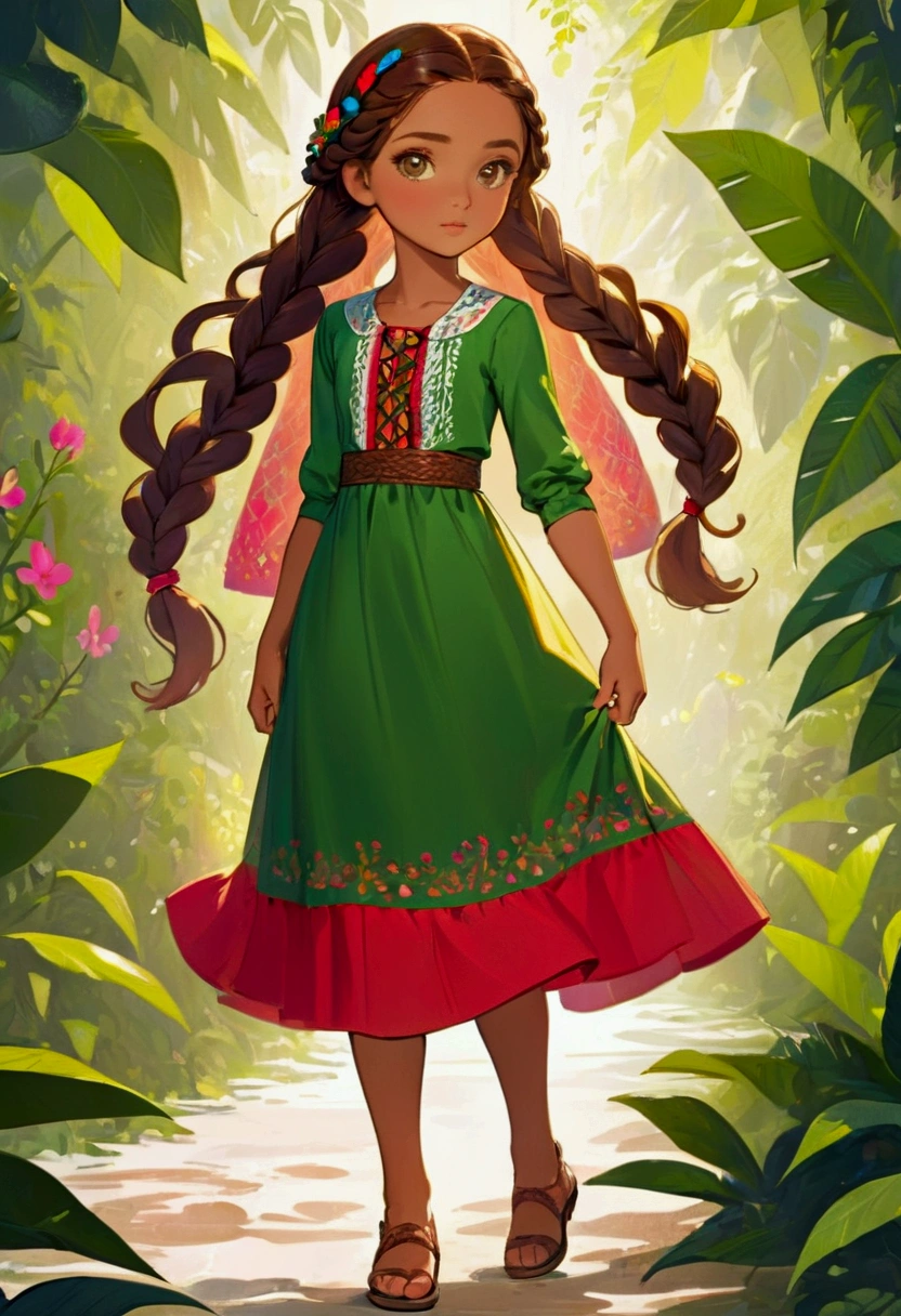 Isabela, at 15 years old, is a young woman with vibrant and charming beauty. Her face is oval, with slightly protruding cheekbones that create a harmonious contour. Your skin is clear and flawless, giving off a healthy glow. Her long hair, which flows in soft waves down to her waist, is a pink tone that highlights her youth and joy in life. She often wears her hair down or in braids decorated with small accessories. Isabela's eyes are large and a soft pink, almost like an extension of the tone of her hair. They have a special shine, always curious and full of life, which captures the attention of everyone around them. Isabela maintains a slender figure, with long, well-defined legs, which are always highlighted by light, colorful dresses or skirts combined with elegant blouses. Her way of dressing is cheerful and modern, with a taste for vibrant prints and accessories that complement her lively personality