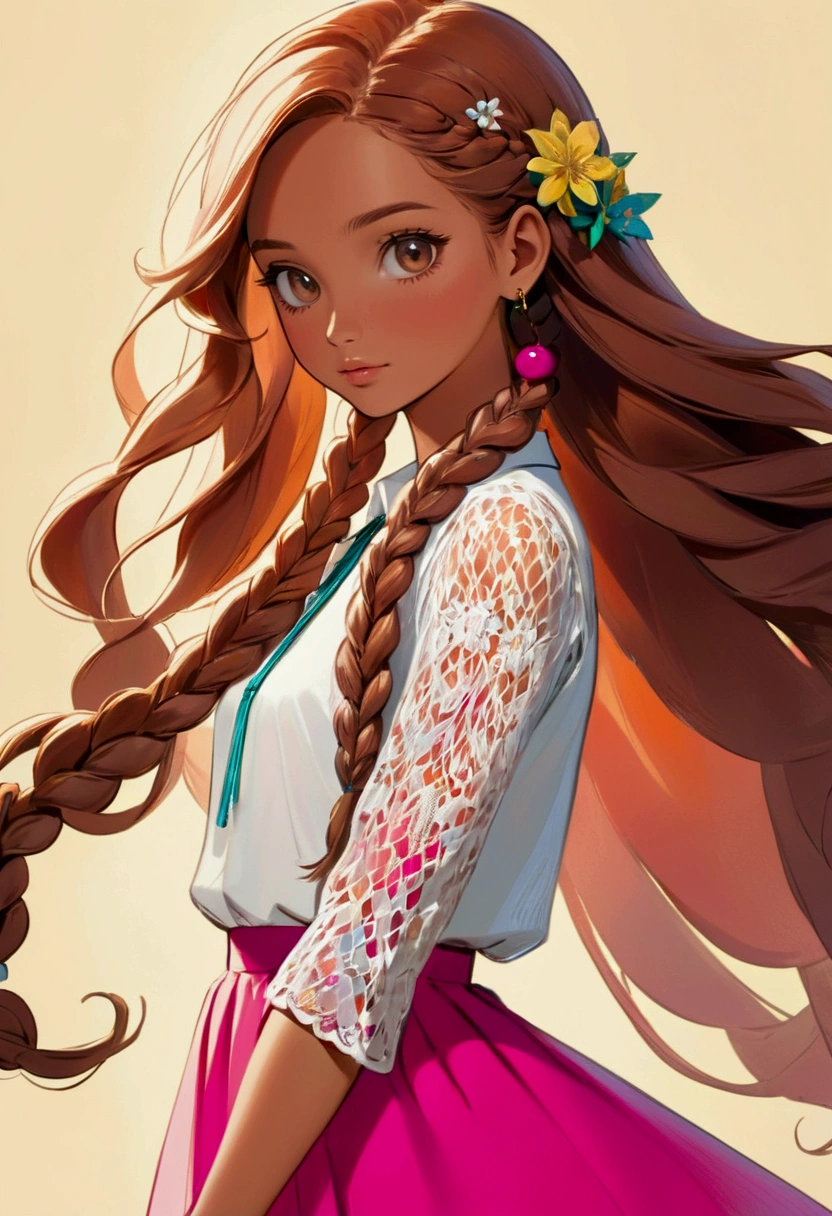 Isabela, at 15 years old, is a young woman with vibrant and charming beauty. Her face is oval, with slightly protruding cheekbones that create a harmonious contour. Your skin is clear and flawless, giving off a healthy glow. Her long hair, which flows in soft waves down to her waist, is a pink tone that highlights her youth and joy in life. She often wears her hair down or in braids decorated with small accessories. Isabela's eyes are large and a soft pink, almost like an extension of the tone of her hair. They have a special shine, always curious and full of life, which captures the attention of everyone around them. Isabela maintains a slender figure, with long, well-defined legs, which are always highlighted by light, colorful dresses or skirts combined with elegant blouses. Her way of dressing is cheerful and modern, with a taste for vibrant prints and accessories that complement her lively personality