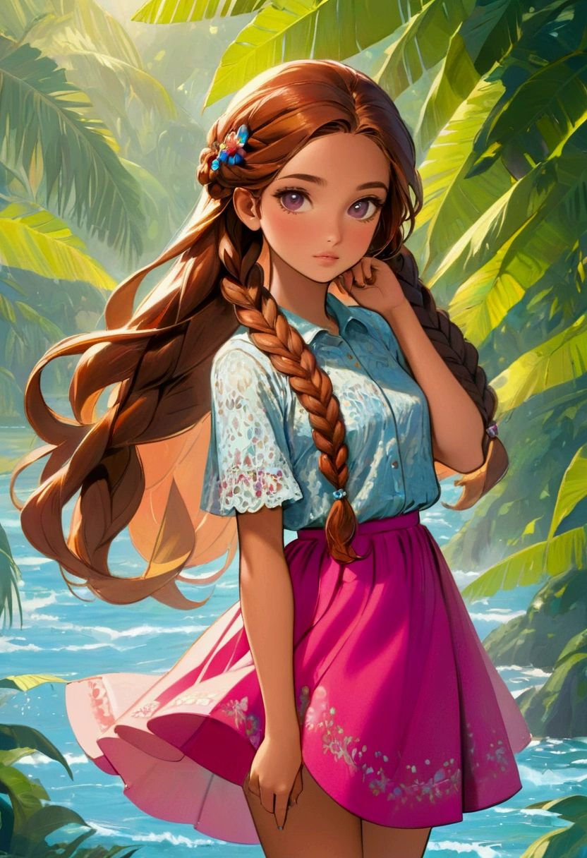 Isabela, at 15 years old, is a young woman with vibrant and charming beauty. Her face is oval, with slightly protruding cheekbones that create a harmonious contour. Your skin is clear and flawless, giving off a healthy glow. Her long hair, which flows in soft waves down to her waist, is a pink tone that highlights her youth and joy in life. She often wears her hair down or in braids decorated with small accessories. Isabela's eyes are large and a soft pink, almost like an extension of the tone of her hair. They have a special shine, always curious and full of life, which captures the attention of everyone around them. Isabela maintains a slender figure, with long, well-defined legs, which are always highlighted by light, colorful dresses or skirts combined with elegant blouses. Her way of dressing is cheerful and modern, with a taste for vibrant prints and accessories that complement her lively personality