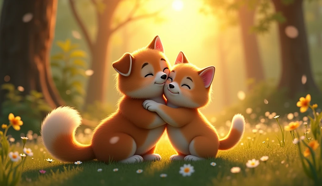 The dog and cat find the mother cat in a clearing in the forest. The cat is hugging its mother, both happy and relieved. The dog stands nearby, looking proud and content. The scene is heartwarming, with a glowing sunset in the background.