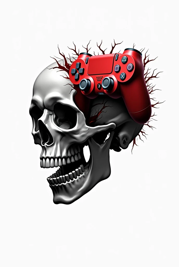 Drawing of a black and white skull with a white background featuring a red PlayStation controller breaking through the skull in the brain region.
