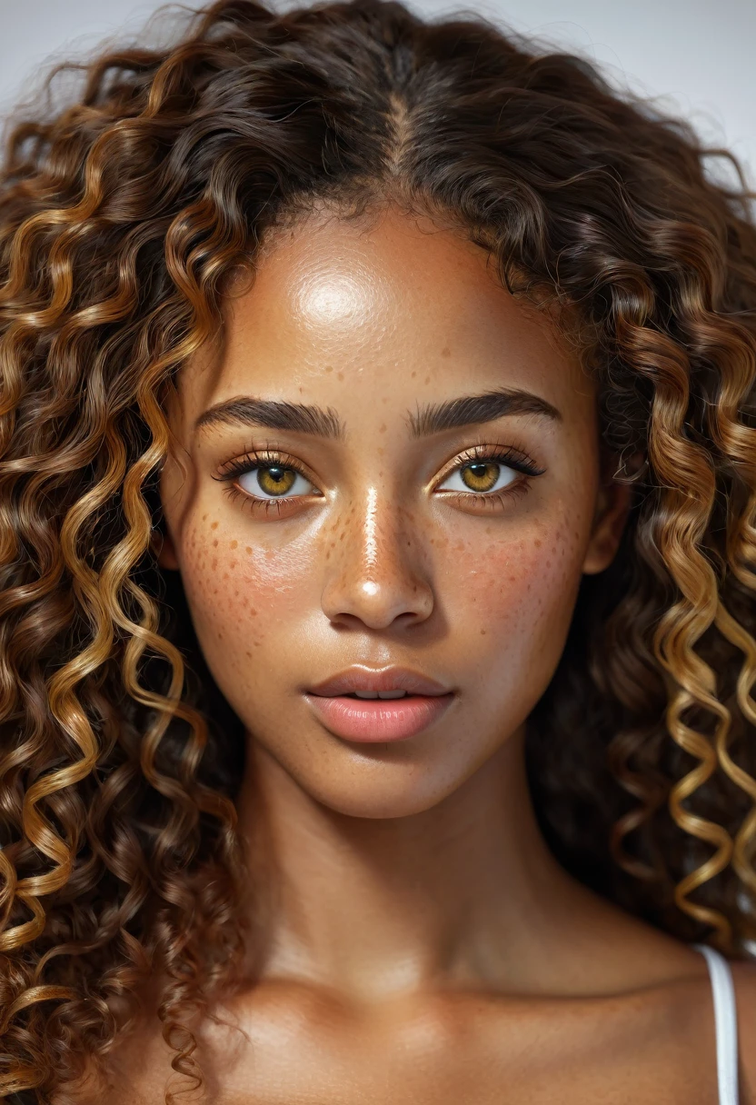 a beautiful black woman, west indies, freckles, long very curly blond hair, detailed perfect skin, beautiful almond clear yellow eyes, delicate nose and lips, Task of freckles, realist, (Best Quality,4k,8k,High resolution,masterpiece:1.2),ultra detailed,(realist,photorealist,photo-realist:1.37),HdR,HD,studio lighting,Ultrafine paint,sharp focus,physically based rendering,extreme detailed description,professional,vivid colors,bokeh,portrait