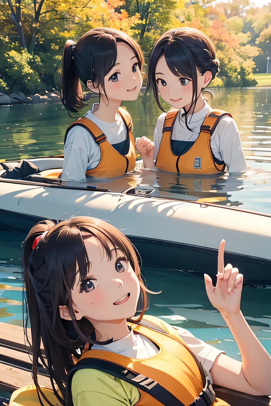 Highest quality、High resolution、Detailed Background、(Beautiful face in every detail:1.4)、Anatomically correct、(Normal number of fingers:1.2)、Highly detailed face、(Detailed eyes:1.2)、 beauty、Huge breasts、Perfect body line、Braided bob cut、ponytail、Wavy Hairstyle、well-groomed eyebrows、A fun atmosphere、In a joking manner、A big smile、cute gesture、Accentuate your breasts、
A clear autumn day、It's a refreshing day with a cool breeze blowing over the lake、
Two girls are getting into the kayak with bright expressions、
They wear alternate-colored life jackets and row out onto the lake、
The girls are absorbed in steering the kayak、
sometimes、They are moving forward briskly, splashing water、
When they reach the center of the lake, they chat happily while looking at the surrounding scenery、
Autumn colored trees々Both are interested in the sky reflected in the water々It looks like this、
Taking a break、They are spending a leisurely time、
They stop the kayak, dip their hands in the water, and cheer, conveying the feeling of refreshing themselves in nature.、
The girls' joyful expressions and the calm scene of the lake overlap、A comfortable autumn moment、cute