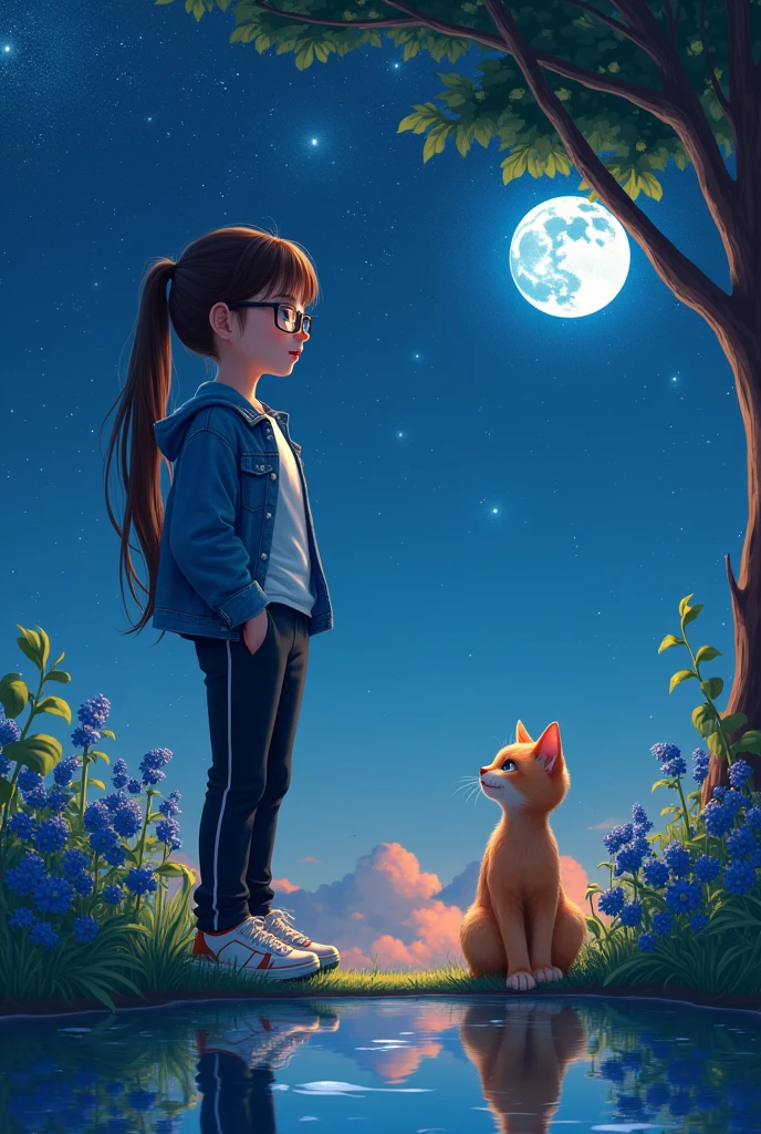 A girl with her blue-eyed orange kitten, sitting on the side, long hair girl, brown, The hair is tied up in a ponytail., the girl's haircut has no paste, Black Prescription Glasses, with black pants, denim blue jacket, white blouse, white tennis shoes with orange detail on the side, skin fair, red lipgloss stick. They are looking at the starry sky in a very clean garden with blue flowers, with a beautiful tree in the reflection of the moon, The sky is full of stars and the moon is very bright 