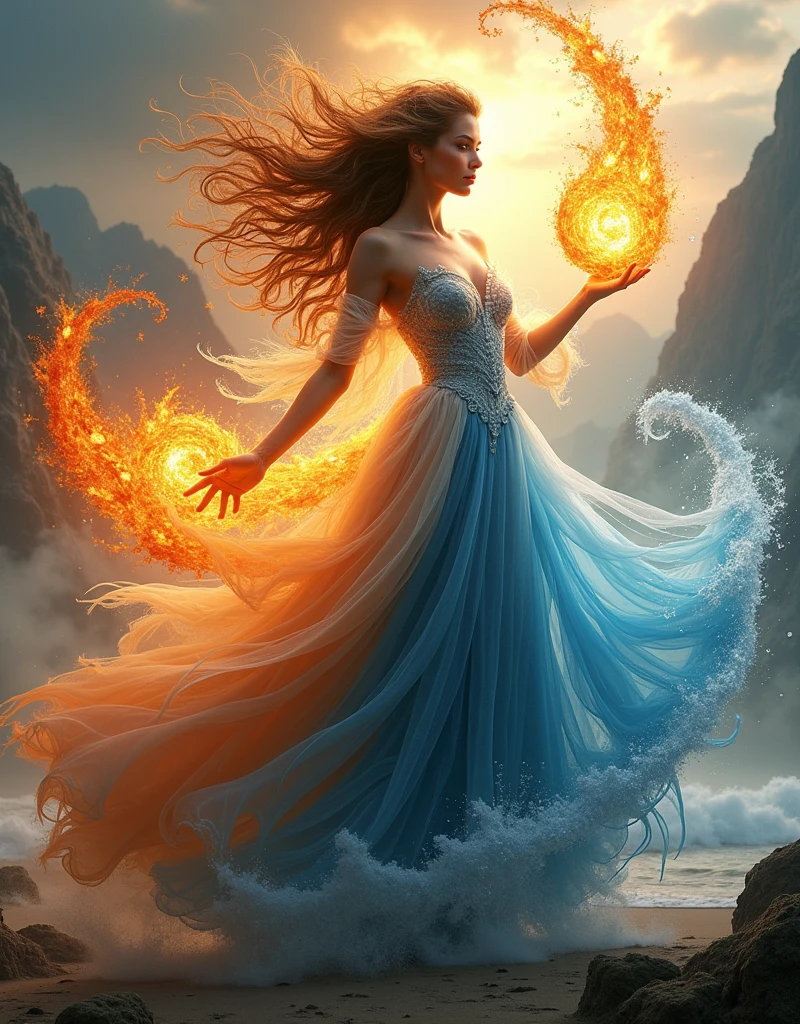 (Goddess of Fire, Water, Earth, and Air Fusion:1.4), (masterpiece:1.4, best quality), (photo realistic:1.4), a majestic and elemental figure embodying the balance and power of all four natural elements, dressed in a flowing gown that seamlessly blends fiery embers, cascading water, rich soil, and swirling winds, adorned with glowing embers, shimmering droplets, earthy vines, and delicate feathers, (hair flowing like flames mixed with waterfalls, gusts of wind, and intertwined roots:1.2), (eyes radiating a powerful and balanced light, reflecting the strength of all four elements:1.2), one hand holding a flaming orb, the other hand conjuring a swirling vortex of water, earth, and air, surrounded by a dynamic aura of elemental energy with sparks of fire, droplets of water, swirling dust, and soft breezes, (((background of a landscape where mountains, oceans, forests, and skies converge, creating a scene that embodies the harmony and chaos of nature’s forces:1.4))), (lighting that highlights the vibrant and contrasting colors of fire, water, earth, and air:1.2), (dynamic and balanced pose that conveys her mastery over all four elements:1.2), rich textures, vibrant and contrasting colors, (fiery reds:1.2), (deep blues:1.2), (earthy browns:1.2), (soft whites and grays:1.2), (dynamic composition with flowing lines and a sense of unity and power:1.2), high-quality and detailed, (awe-inspiring and elemental atmosphere:1.2), captivating and powerful, perfect image quality, symbolizing the fusion and balance of fire, water, earth, and air, majestic and serene presence