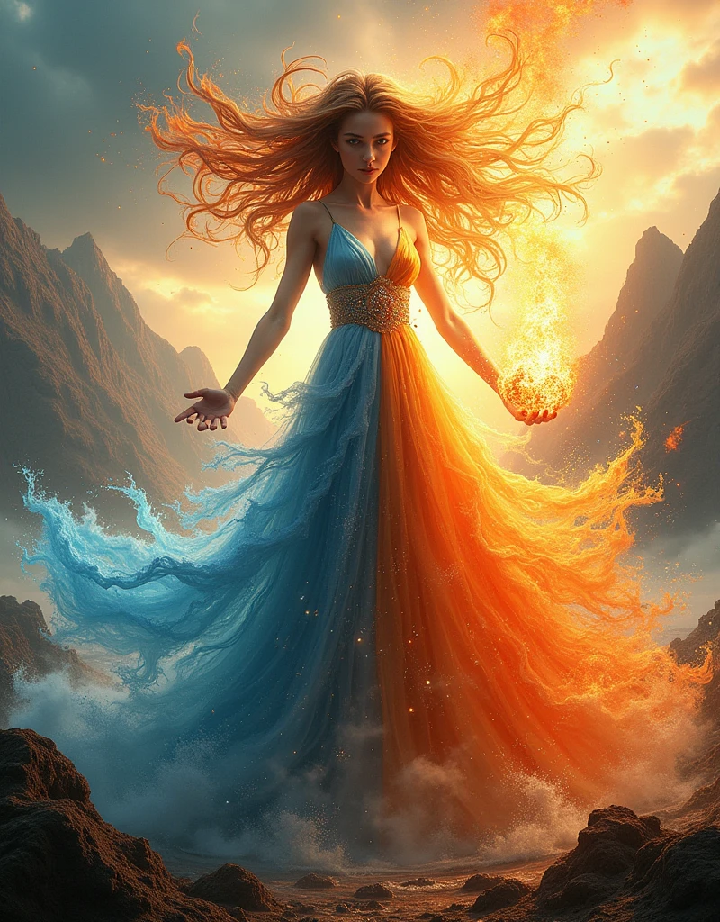 (Goddess of Fire, Water, Earth, and Air Fusion:1.4), (masterpiece:1.4, best quality), (photo realistic:1.4), a majestic and elemental figure embodying the balance and power of all four natural elements, dressed in a flowing gown that seamlessly blends fiery embers, cascading water, rich soil, and swirling winds, adorned with glowing embers, shimmering droplets, earthy vines, and delicate feathers, (hair flowing like flames mixed with waterfalls, gusts of wind, and intertwined roots:1.2), (eyes radiating a powerful and balanced light, reflecting the strength of all four elements:1.2), one hand holding a flaming orb, the other hand conjuring a swirling vortex of water, earth, and air, surrounded by a dynamic aura of elemental energy with sparks of fire, droplets of water, swirling dust, and soft breezes, (((background of a landscape where mountains, oceans, forests, and skies converge, creating a scene that embodies the harmony and chaos of nature’s forces:1.4))), (lighting that highlights the vibrant and contrasting colors of fire, water, earth, and air:1.2), (dynamic and balanced pose that conveys her mastery over all four elements:1.2), rich textures, vibrant and contrasting colors, (fiery reds:1.2), (deep blues:1.2), (earthy browns:1.2), (soft whites and grays:1.2), (dynamic composition with flowing lines and a sense of unity and power:1.2), high-quality and detailed, (awe-inspiring and elemental atmosphere:1.2), captivating and powerful, perfect image quality, symbolizing the fusion and balance of fire, water, earth, and air, majestic and serene presence