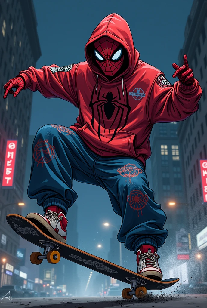 Spiderman in baggy gangstar style skater outfit, with a skateboard
At night, artwork style: アニメ