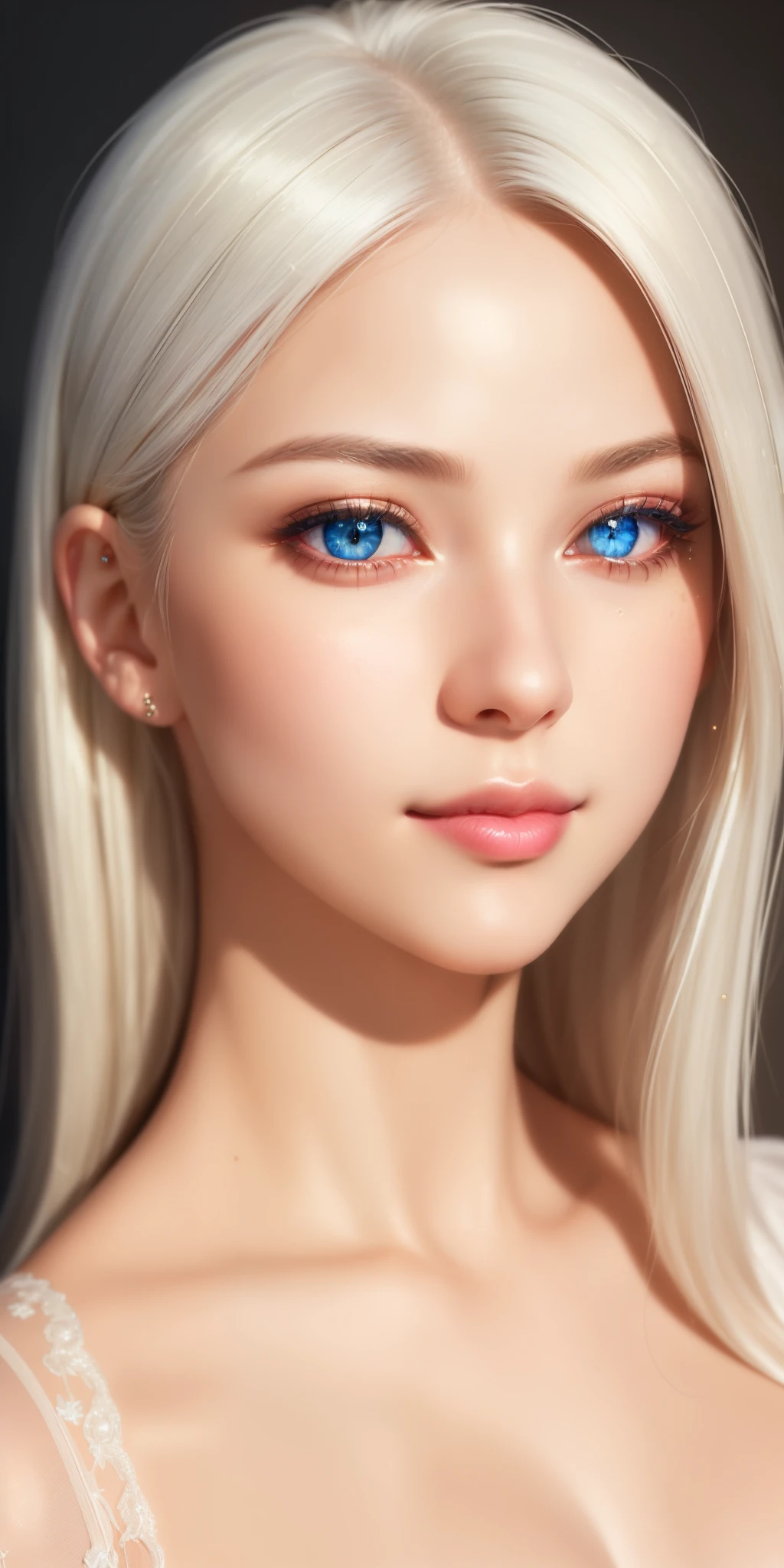 (best quality, ultra-detailed, photorealistic: 1.39), bright and vibrant colors, studio lighting, romantic expression, An effeminate girl, with a delicate and beautiful face. She is a girl who reflects seductive beauty, sparkling eyes, extremely beautiful woman, lips parted, white hair
