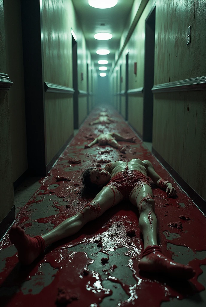 shredded bloody body parts in an indoor house hallway, gore, nightmare