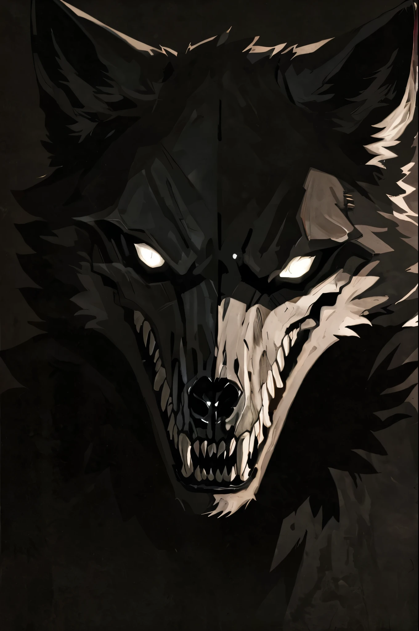 wolf, horror, wolf skull face, crying, tears streaming down, angry expression, full body, canine, half wolf face half skull, dark face, black fur, creepy, big teeth, bright white eyes, shadows, no face, dark background, full black backgrou