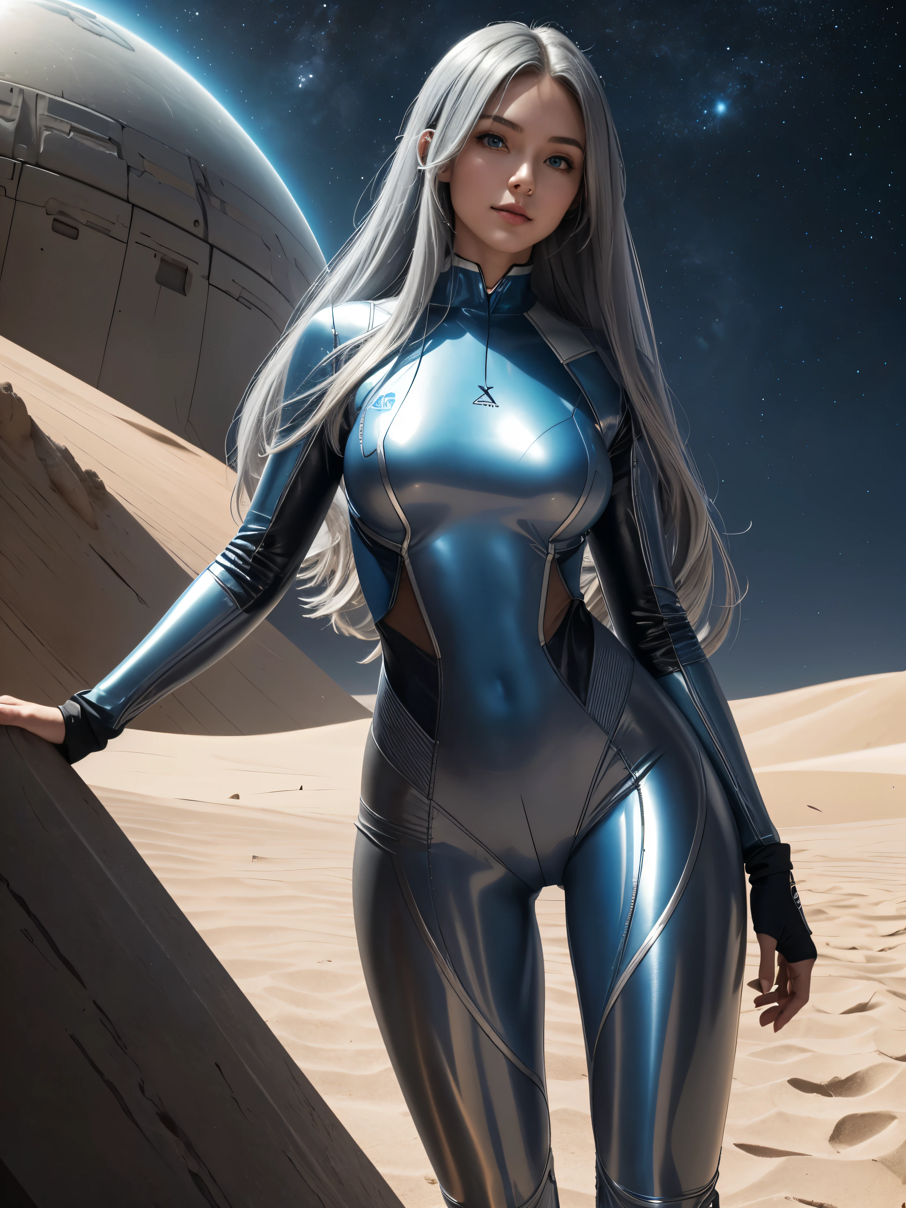 (Full figure:1.2), (nine heads and bodies:2.0), (thin hips), (thin and long legs: 2.0), (pumps:1.2), Glossy leather, 25 years, cute sexy beautiful face, pink lips, parted lips, ( Hair parted to one side:1.5), High Light, light blue eyes, SEXY FACE, sexy cute young woman, Long natural blue shiny hair, ( tight gray space suit :1.3), long blue hair, (complex parts: 1.2), Almond eye, (detailed face), Beautiful smile, My cheeks turned red, firm breasts, slim body shape, athletic waist, athletic toned butt, Beautiful hands, athletic shoulders, look at the audience, a woman poses for a photo, standing facing forward, composition, depicting a line from the knees to the head., Sand dunes, light breaking through dust, planet Araxis, add sci-fi, spaceship in background, Sand dunes