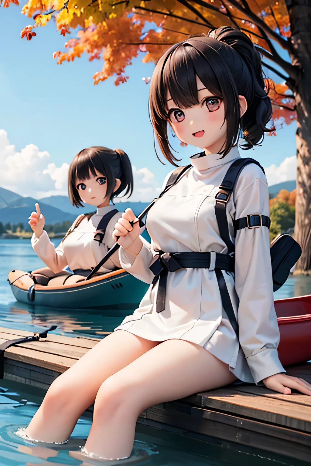 Highest quality、High resolution、Detailed Background、(Beautiful face in every detail:1.4)、Anatomically correct、(Normal number of fingers:1.2)、Highly detailed face、(Detailed eyes:1.2)、Teenage beauty、Huge breasts、Perfect body line、Braided bob cut、ponytail、Wavy Hairstyle、well-groomed eyebrows、A fun atmosphere、In a joking manner、A big smile、cute gesture、Accentuate your breasts、
A clear autumn day、It's a refreshing day with a cool breeze blowing over the lake、
Two girls are getting into the kayak with bright expressions、
They wear alternate-colored life jackets and row out onto the lake、
The girls are absorbed in steering the kayak、
sometimes、They are moving forward briskly, splashing water、
When they reach the center of the lake, they chat happily while looking at the surrounding scenery、
Autumn colored trees々Both are interested in the sky reflected in the water々It looks like this、
Taking a break、They are spending a leisurely time、
They stop the kayak, dip their hands in the water, and cheer, conveying the feeling of refreshing themselves in nature.、
The girls' joyful expressions and the calm scene of the lake overlap、A comfortable autumn moment、cute