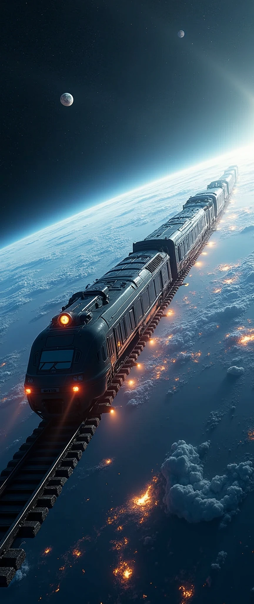 Create a cinematic 4K image, DSLR Canon style, of a spaceship in the shape of a train heading out of Earth. The image should clearly emphasize the train-like design of the spacecraft, with futuristic train cars and locomotive. Show the train leaving the planet, with Earth visible below and outer space above. Highlight the train shape and the contrast between the planet and space to create a vibrant and dynamic scene."