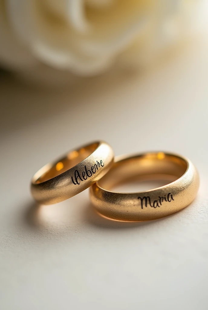 two wedding rings with the names Hebert and Maria written on them 