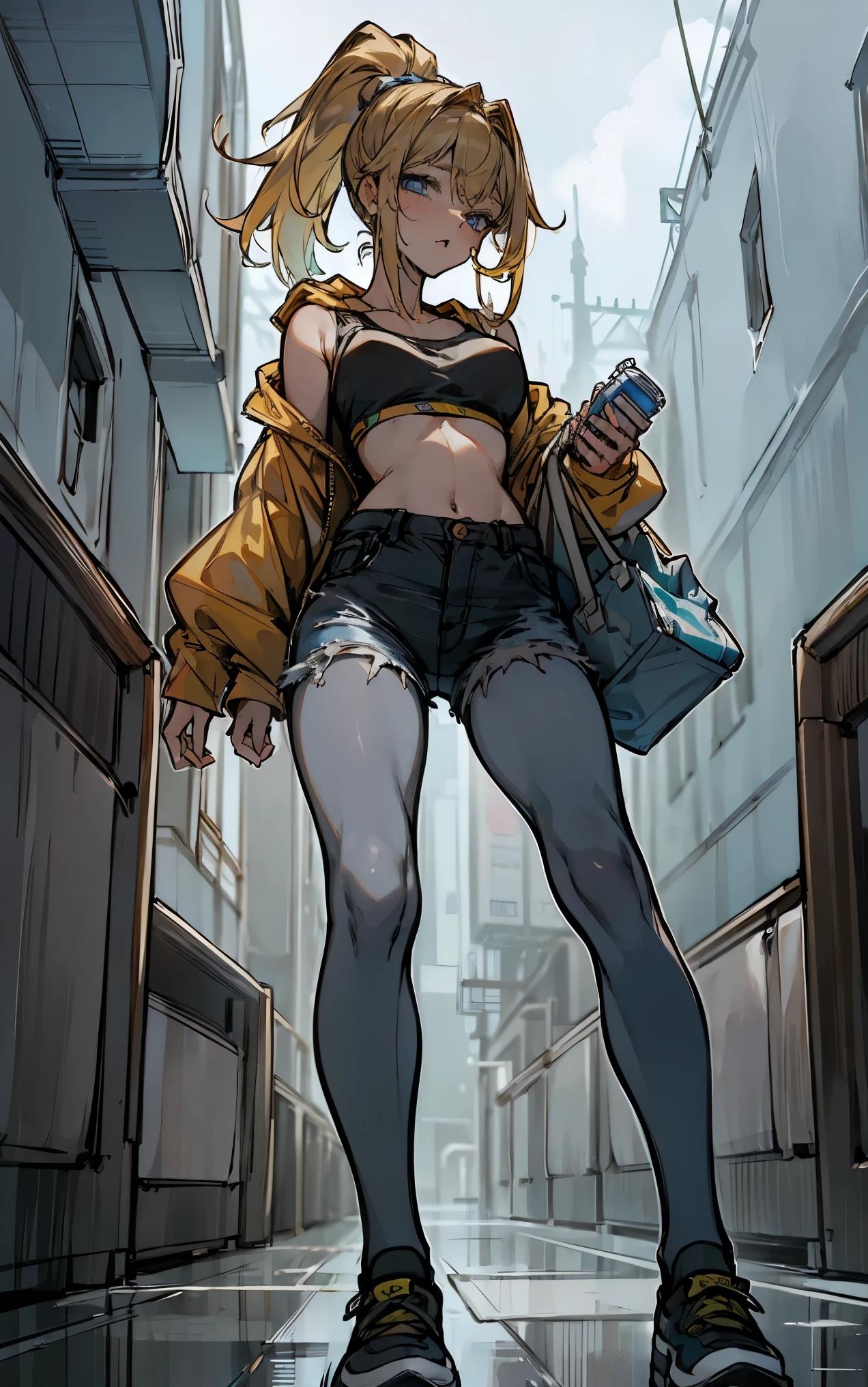 (((Masterpiece))), (((Best Quality))),Ultra High Resolution, Caustics, Detailed, (Beautiful Detailed Eyes),Perfect Anatomy,nsfw,20 year old beauty,slender body,oily skin, gleaming skin,shiny skin,medium breasts,blue eyes,sad, pondering, long hair, ponytail with two wisps front, yellow multi-colour hair, white hoodie, sexy bra, sport bra, bralette bra、bustling street、congestion, mini short jeans, yoja panties, exercising , sweeting, holding water bottle, looking down at the viewer, beauty, full body tights, big, close to skin, brainwashed, twitching all over the place, ahem face, puffy nipple, Black fishnet tights
