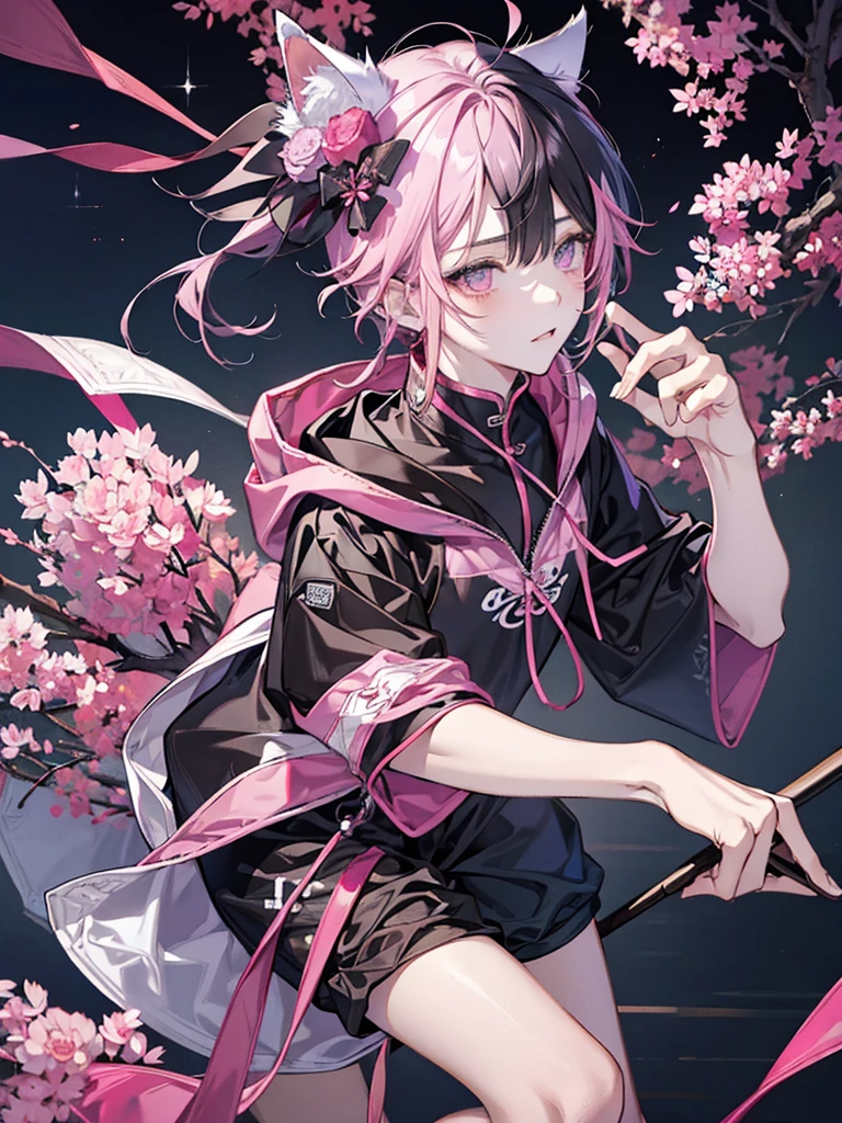 male、Cat ear、hoodie、In the background, there are lights.、Pink and black gradient hair、Eye patch、Short Hair、Black clothes、low length、Handsome、Loungewear、