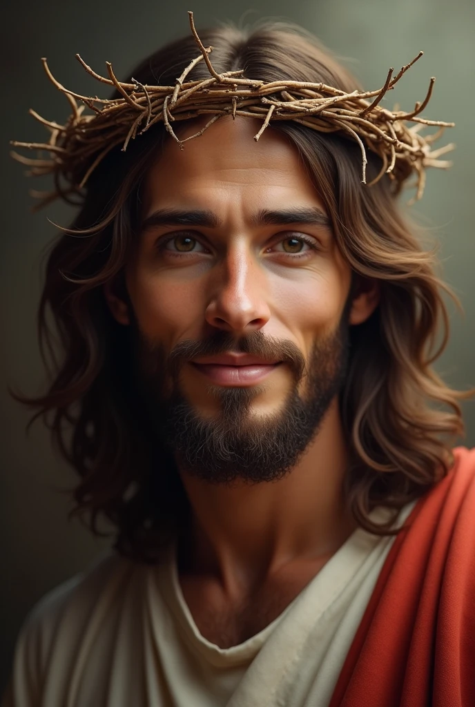 "A portrait of Jesus Christ focused only on his face, wearing the crown of thorns. He is smiling gently, with an expression of compassion and serenity. His eyes reflect peace and love, and his smile conveys a deep sense of hope and resilience, despite the crown of thorns. The soft light highlights his features and the spiritual significance of the scene."