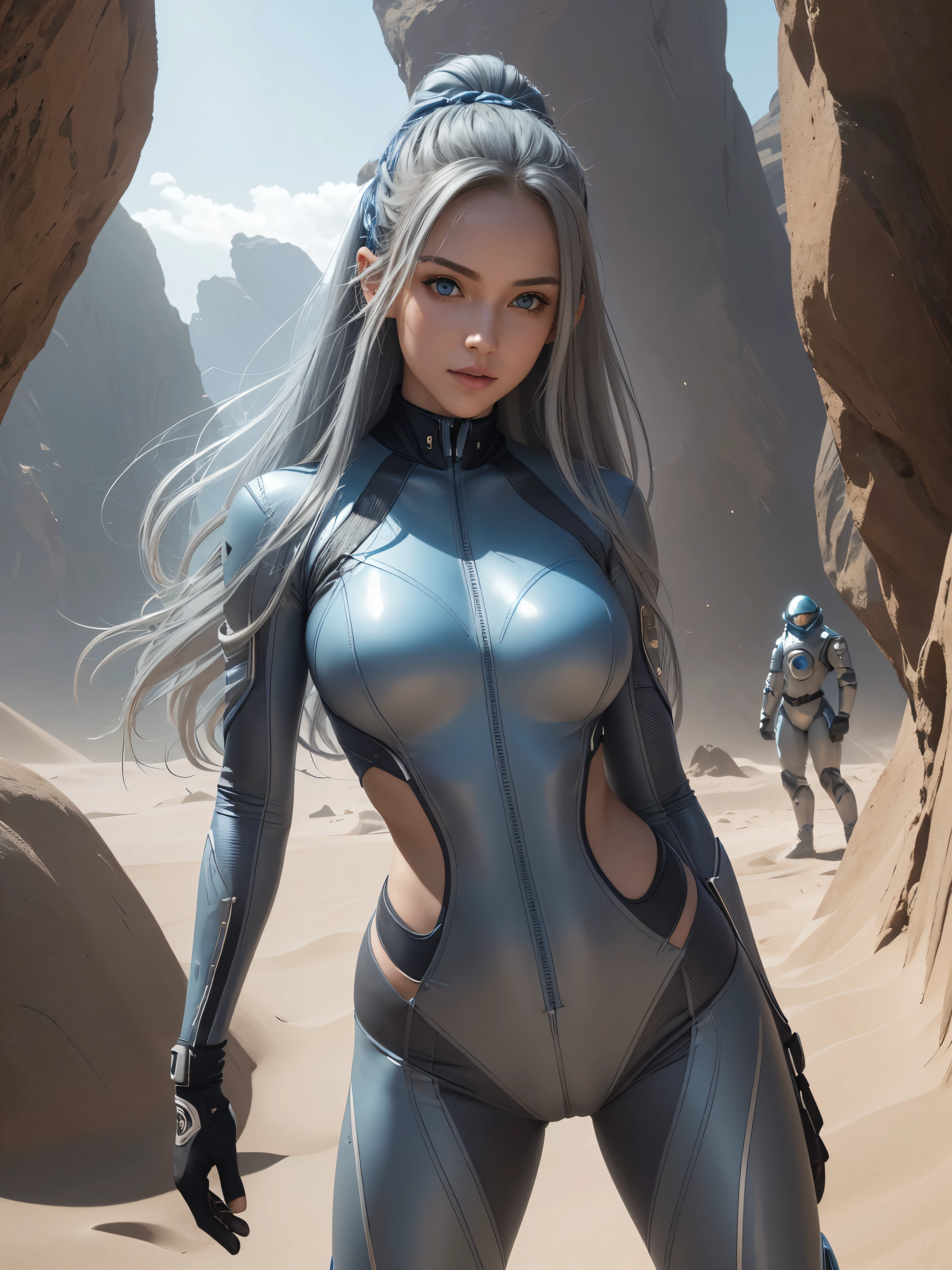 highly detailed, long_Blue_hair, 8k resolution, masterpiece, one girl,(Full figure:1.2), (nine heads and bodies:2.0), (thin hips), (thin and long legs: 2.0), (pumps:1.2), Glossy leather, 25 years, cute sexy beautiful face, long blue hair, pink lips, parted lips, ( Hair parted to one side:1.5), High Light, light blue eyes, SEXY FACE, sexy cute young woman, ( tight gray space suit :1.3), (complex parts: 1.2), Almond eye, (detailed face), Beautiful smile, My cheeks turned red, firm breasts, slim body shape, athletic waist, athletic toned butt, Beautiful hands, athletic shoulders, look at the audience, a woman poses for a photo, standing facing forward, composition, depicting a line from the knees to the head., Sand dunes, light breaking through dust, planet Araxis, add sci-fi, spaceship in background, Sand dunes, interesting background details, rocks
