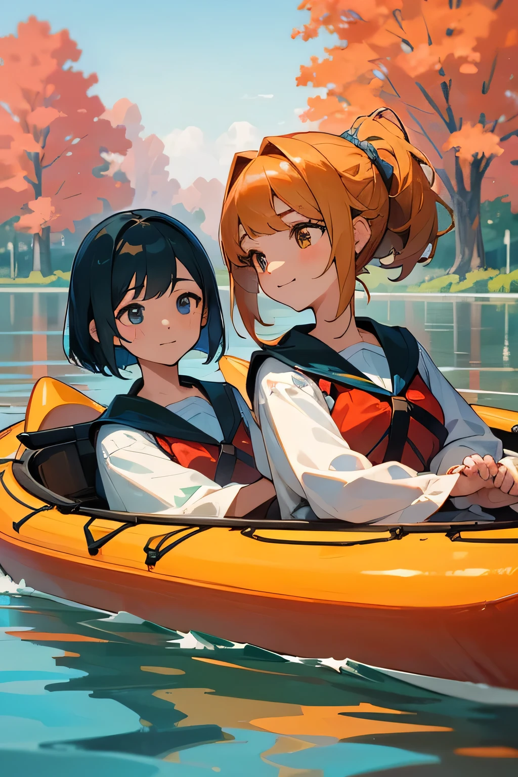 Highest quality、High resolution、Detailed Background、(Beautiful face in every detail:1.4)、Anatomically correct、(Normal number of fingers:1.2)、Highly detailed face、(Detailed eyes:1.2)、age beauty、Huge breasts、Perfect body line、Braided bob cut、ponytail、Wavy Hairstyle、well-groomed eyebrows、A fun atmosphere、In a joking manner、A big smile、cute gesture、Accentuate your breasts、

A clear autumn day、It's a refreshing day with a cool breeze blowing over the lake、 
Two girls are getting into the kayak with bright expressions、 
They wear alternate-colored life jackets and row out onto the lake、 
The girls are absorbed in steering the kayak、
sometimes、They are moving forward briskly, splashing water、
When they reach the center of the lake, they chat happily while looking at the surrounding scenery、
Autumn colored trees々Both are interested in the sky reflected in the water々It looks like this、
Taking a break、They are spending a leisurely time、
They stop the kayak, dip their hands in the water, and cheer, conveying the feeling of refreshing themselves in nature.、
The girls' joyful expressions and the calm scene of the lake overlap、A comfortable autumn moment、cute