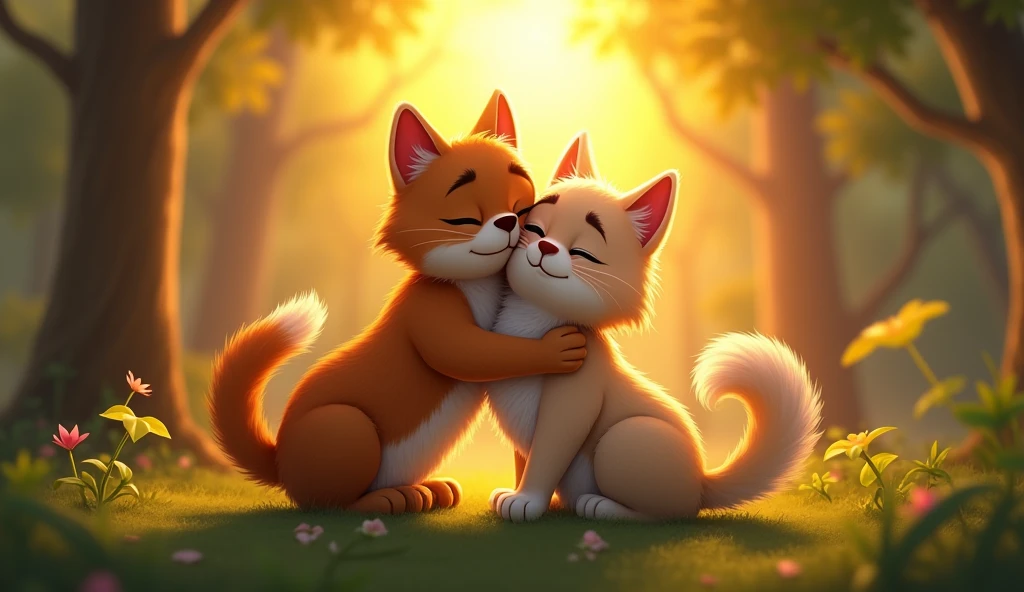 The dog and cat find the mother cat in a clearing in the forest. The cat is hugging its mother, both happy and relieved. The dog stands nearby, looking proud and content. The scene is heartwarming, with a glowing sunset in the background.