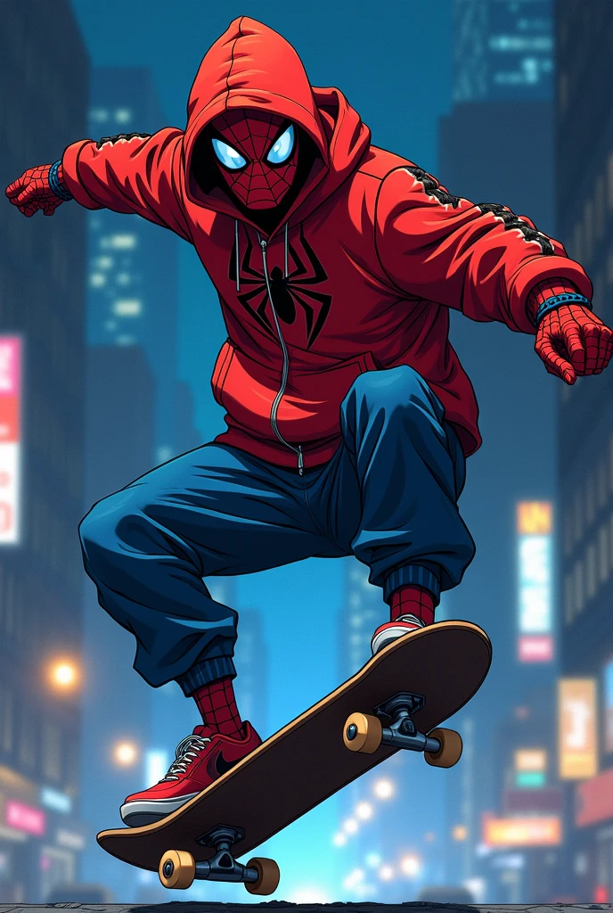 Spiderman in baggy gangstar style skater outfit, skateboarding at night, artwork style: アニメ