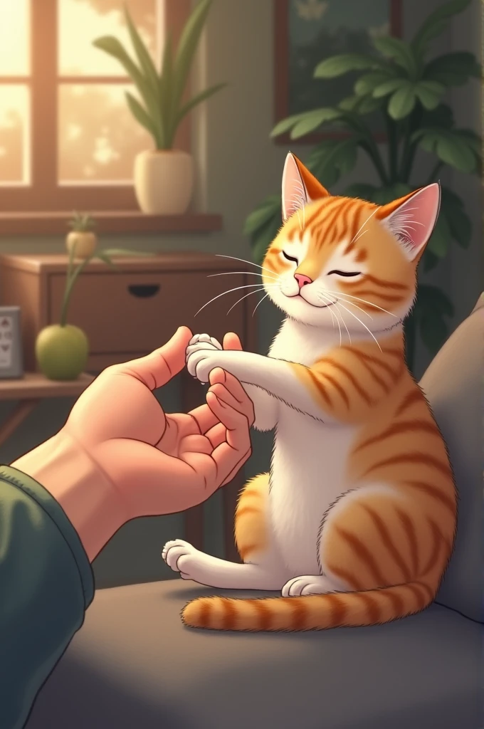 The cat is peacefully sitting, holding the person's hand