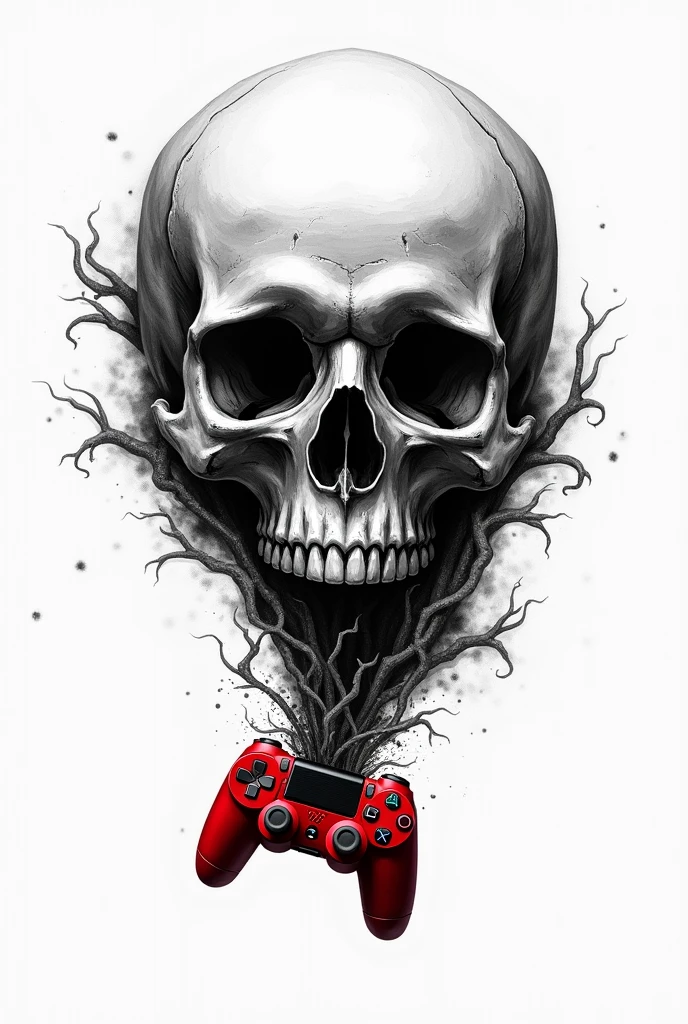 Drawing of a black and white skull with a white background featuring a red PlayStation controller breaking through the skull in the brain region.